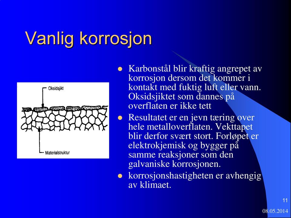 Oksidsjiktet som dannes på overflaten er ikke tett Resultatet er en jevn tæring over hele