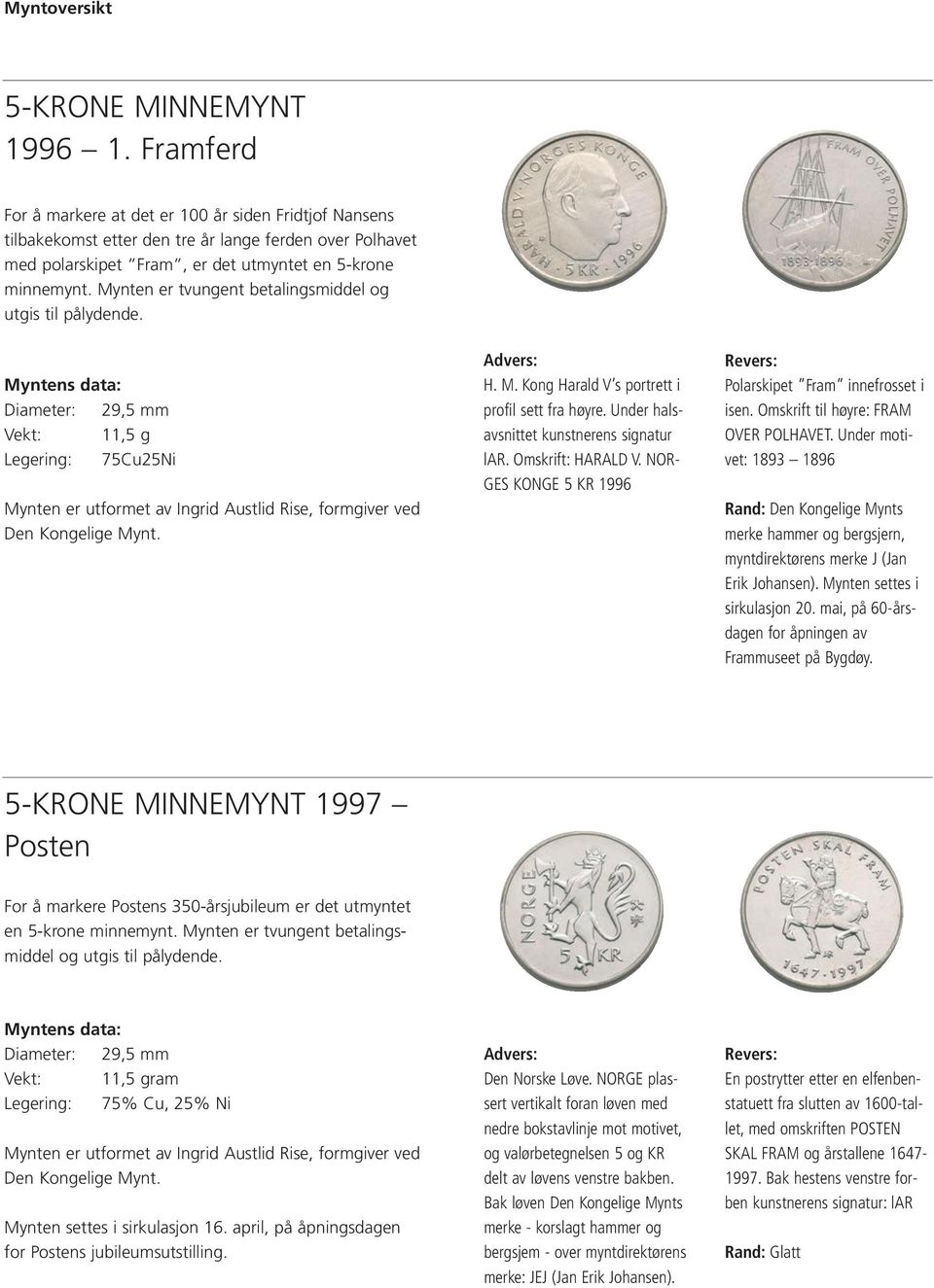 Mynten er tvungent betalingsmiddel og utgis til pålydende. Diameter: 29,5 mm Vekt: 11,5 g Legering: 75Cu25Ni Mynten er utformet av Ingrid Austlid Rise, formgiver ved Den Kongelige Mynt. H. M. Kong Harald V s portrett i profil sett fra høyre.