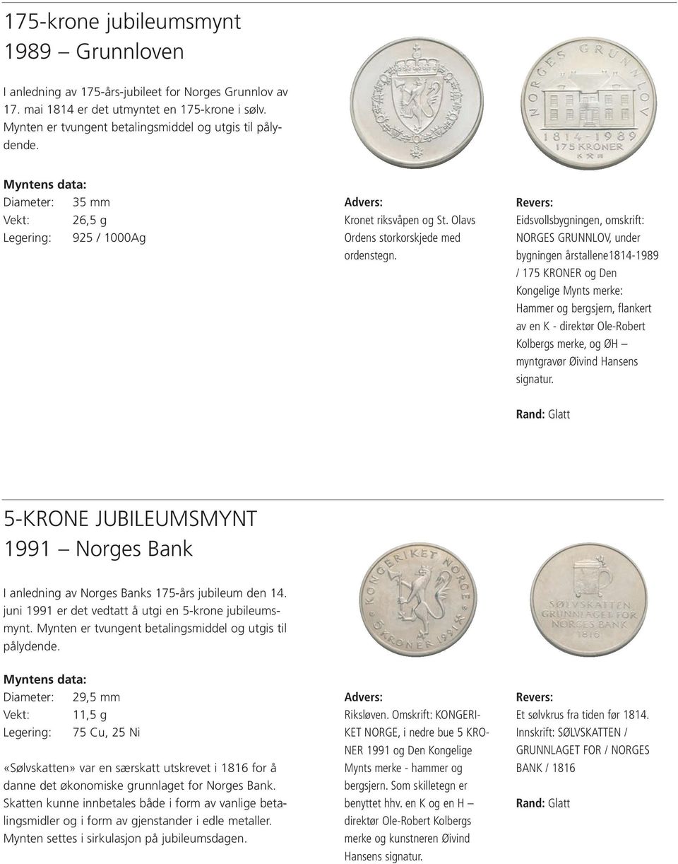 Eidsvollsbygningen, omskrift: NORGES GRUNNLOV, under bygningen årstallene1814-1989 / 175 KRONER og Den Kongelige Mynts merke: Hammer og bergsjern, flankert av en K - direktør Ole-Robert Kolbergs