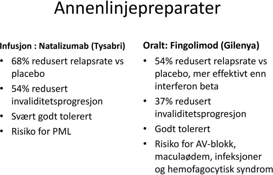 54% redusert relapsrate vs placebo, mer effektivt enn interferon beta 37% redusert