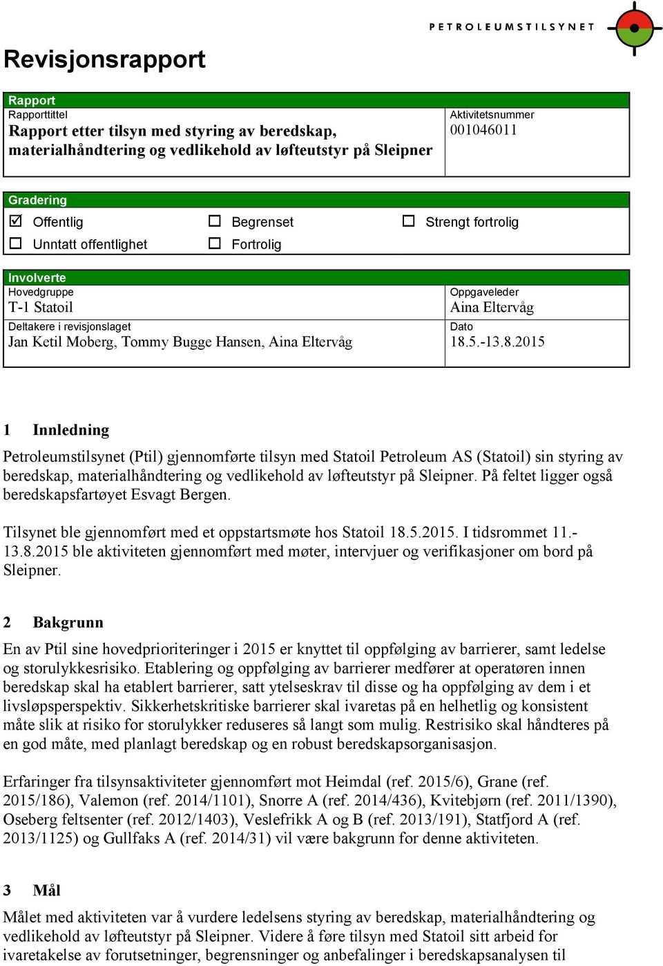 18.5.-13.8.2015 Dato 1 Innledning Petroleumstilsynet (Ptil) gjennomførte tilsyn med Statoil Petroleum AS (Statoil) sin styring av beredskap, materialhåndtering og vedlikehold av løfteutstyr på Sleipner.