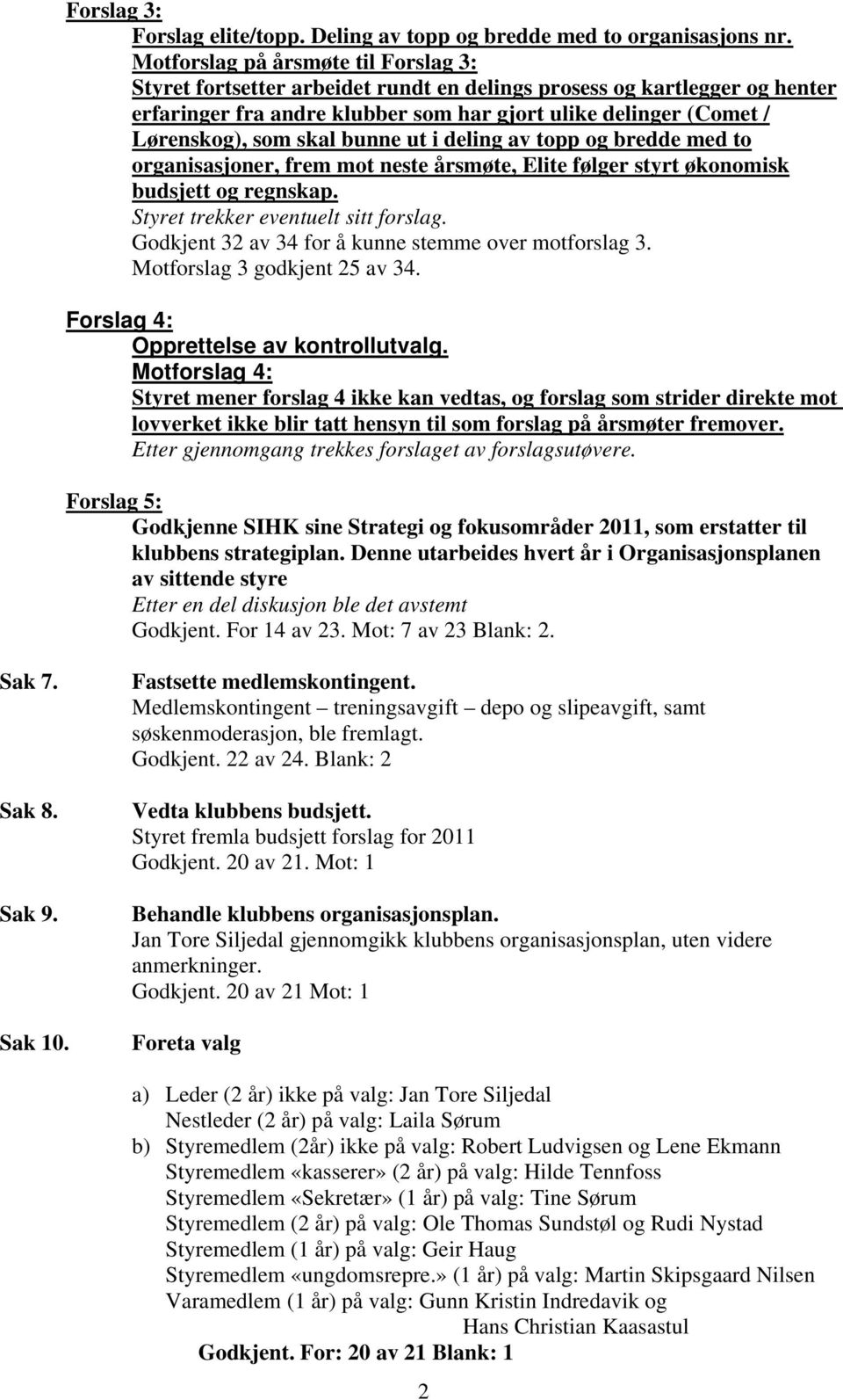 skal bunne ut i deling av topp og bredde med to organisasjoner, frem mot neste årsmøte, Elite følger styrt økonomisk budsjett og regnskap. Styret trekker eventuelt sitt forslag.