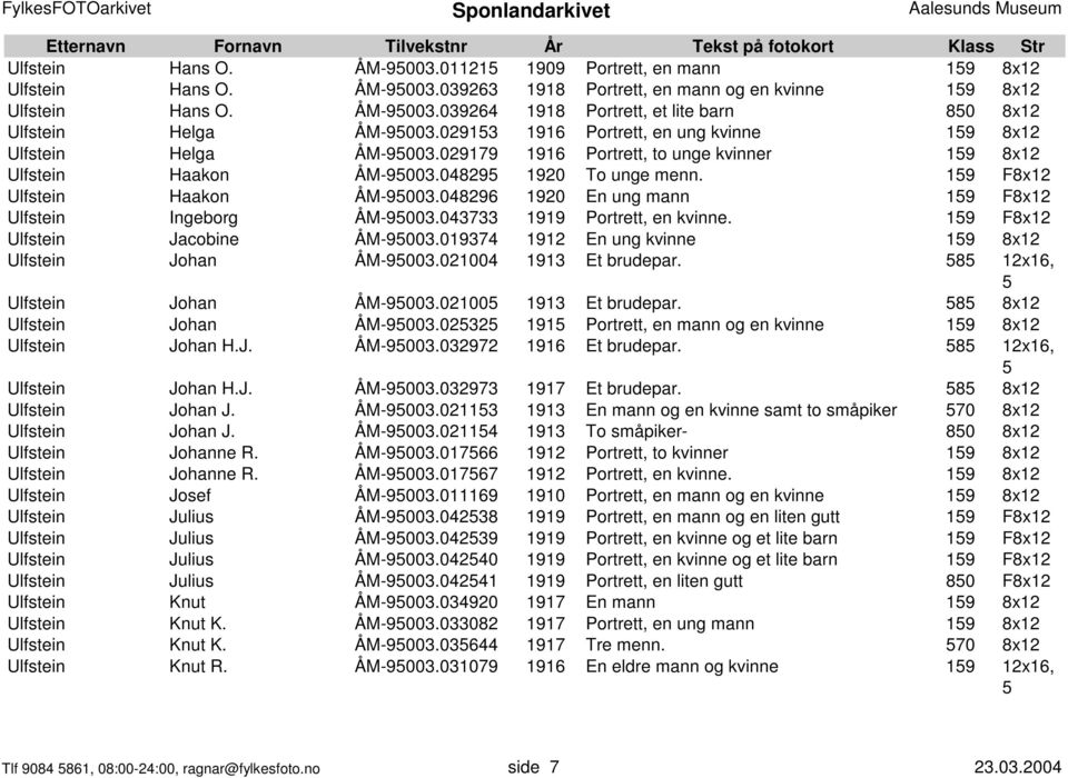 048296 1920 En ung mann 19 F8x12 Ulfstein Ingeborg ÅM-9003.043733 1919 Portrett, en kvinne. 19 F8x12 Ulfstein Jacobine ÅM-9003.019374 1912 En ung kvinne 19 8x12 Ulfstein Johan ÅM-9003.