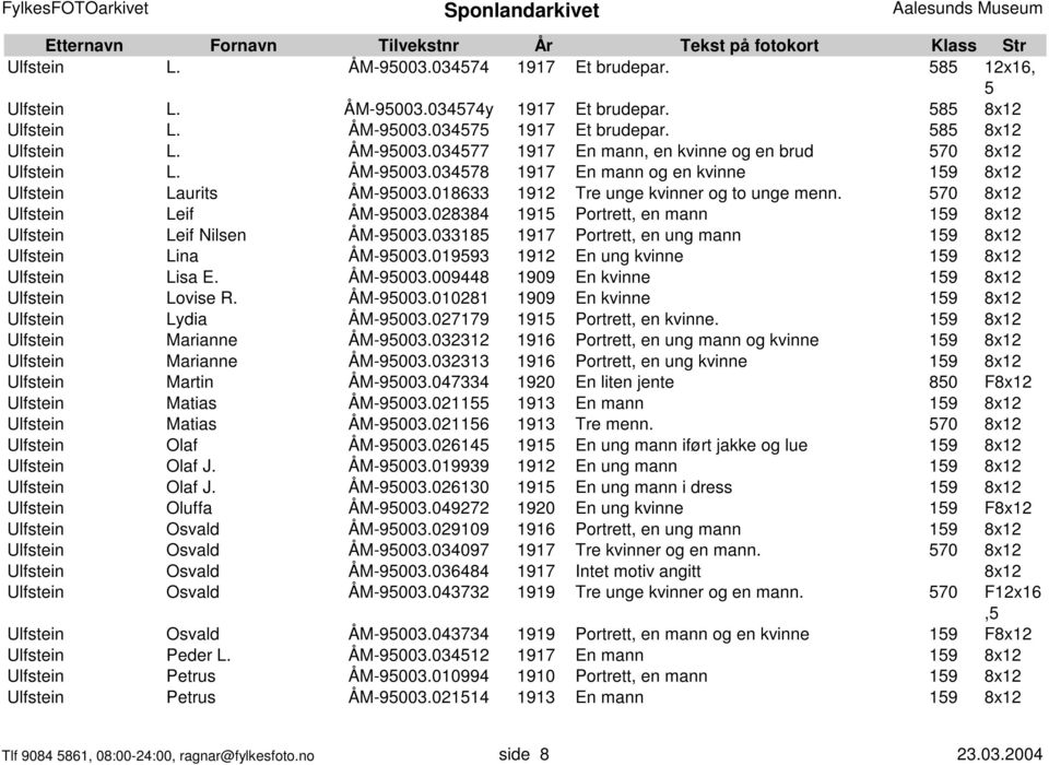 028384 191 Portrett, en mann 19 8x12 Ulfstein Leif Nilsen ÅM-9003.03318 1917 Portrett, en ung mann 19 8x12 Ulfstein Lina ÅM-9003.01993 1912 En ung kvinne 19 8x12 Ulfstein Lisa E. ÅM-9003.009448 1909 En kvinne 19 8x12 Ulfstein Lovise R.