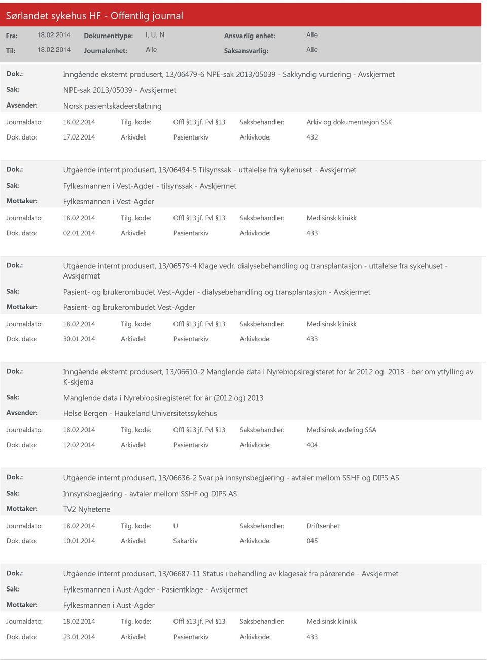 dato: 02.01.2014 Arkivdel: Pasientarkiv Arkivkode: 433 tgående internt produsert, 13/06579-4 Klage vedr.