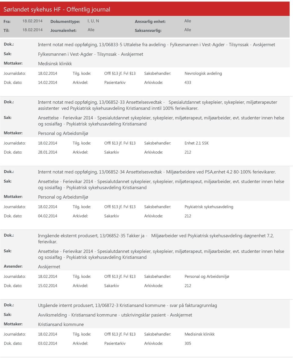 sykehusavdeling Kristiansand inntil 100% ferievikarer. Ansettelse - Ferievikar 2014 - Spesialutdannet sykepleier, sykepleier, miljøterapeut, miljøarbeider, evt.