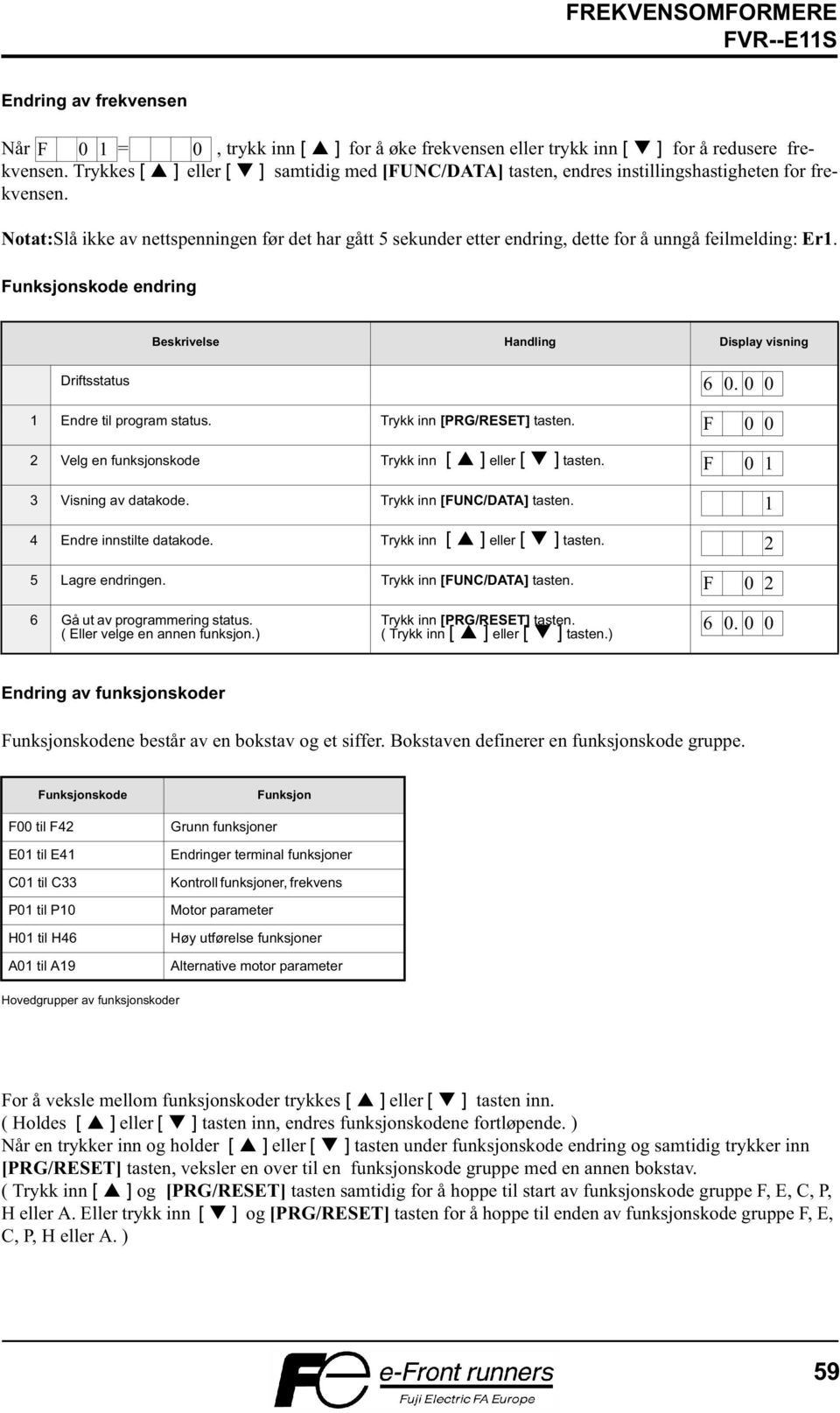 Notat:Slå ikke av nettspenningen før det har gått 5 sekunder etter endring, dette for å unngå feilmelding: Er1.