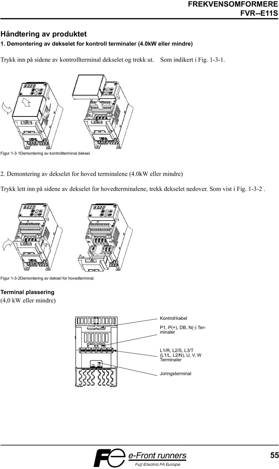 Figur 1-3-1Demontering av kontrollterminal deksel. 2. Demontering av dekselet for hoved terminalene (4.