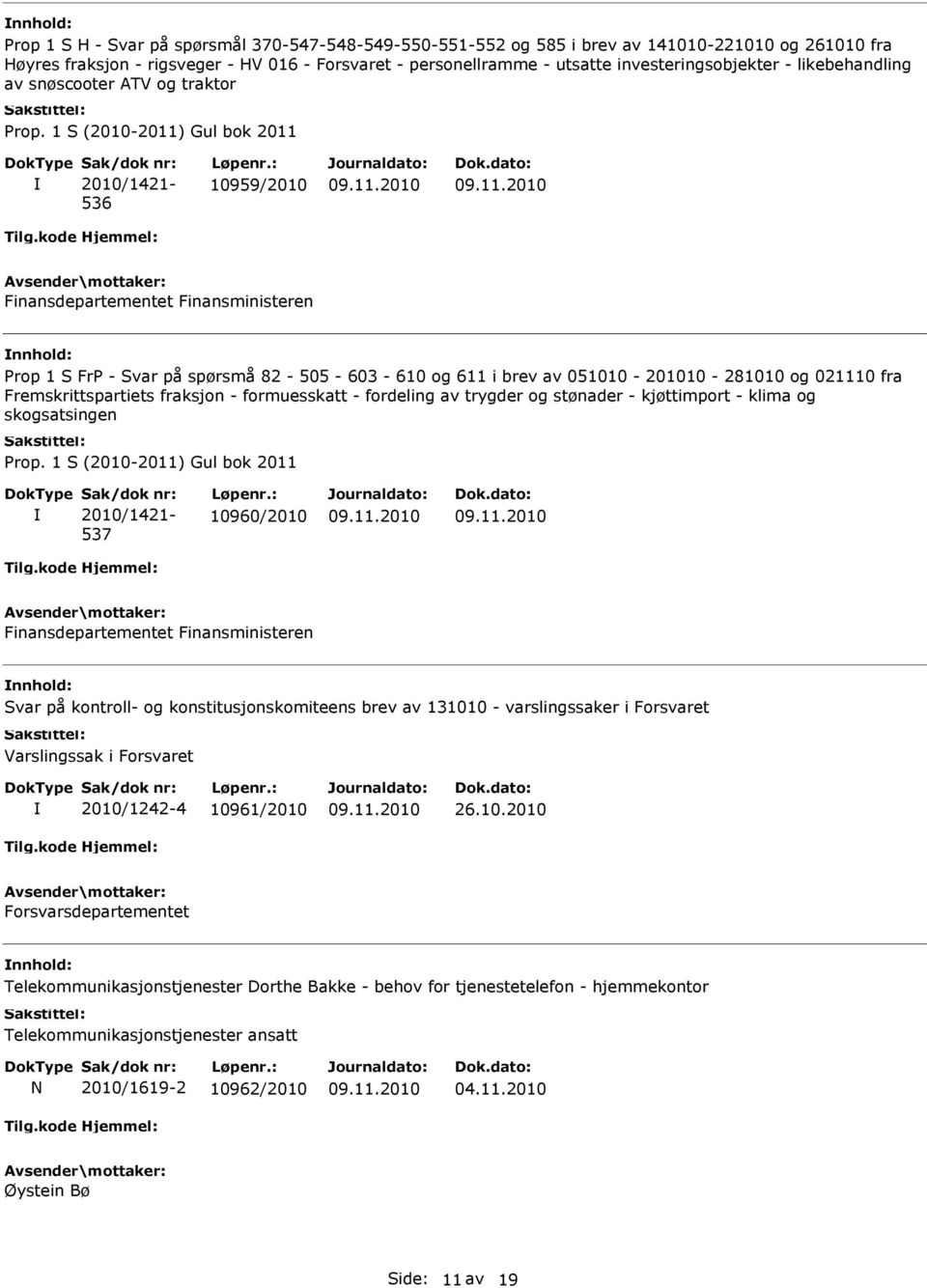 formuesskatt - fordeling av trygder og stønader - kjøttimport - klima og skogsatsingen 537 10960/2010 Svar på kontroll- og konstitusjonskomiteens brev av 131010 - varslingssaker i Forsvaret