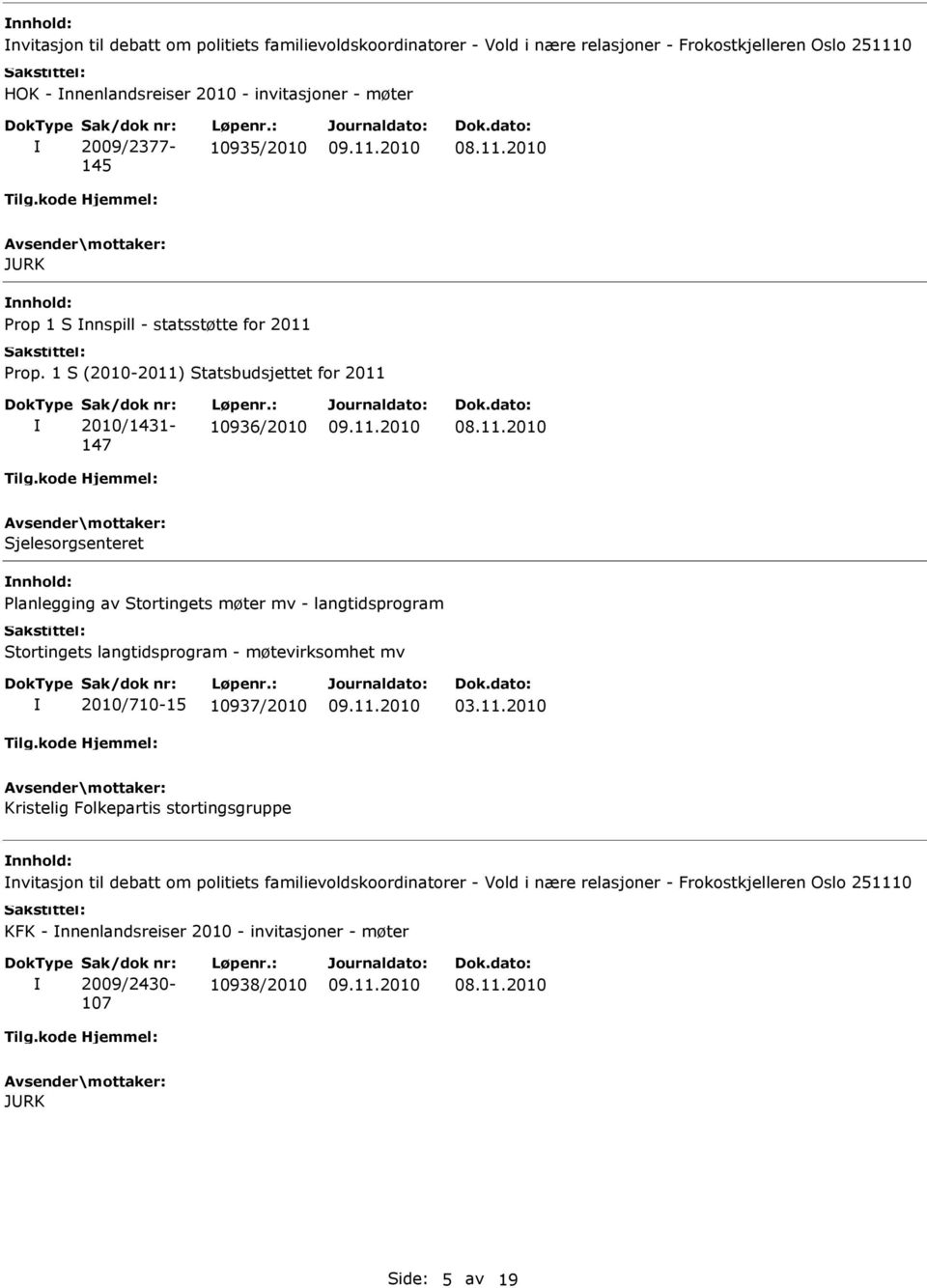 1 S (2010-2011) Statsbudsjettet for 2011 2010/1431-147 10936/2010 Sjelesorgsenteret Planlegging av Stortingets møter mv - langtidsprogram Stortingets langtidsprogram -