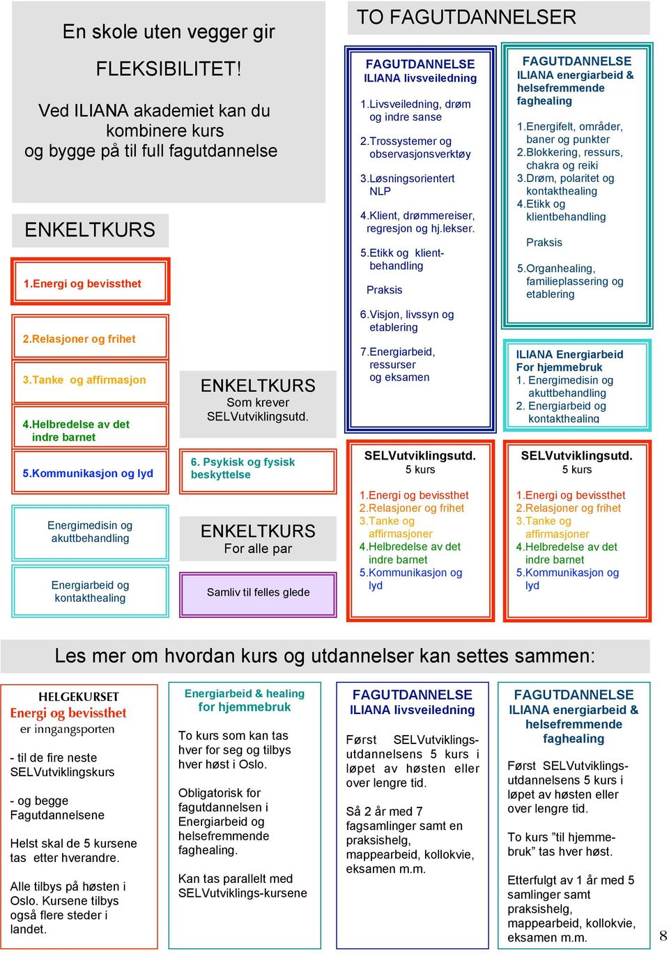 Psykisk og fysisk beskyttelse ENKELTKURS For alle par Samliv til felles glede FAGUTDANNELSE ILIANA livsveiledning 1.Livsveiledning, drøm og indre sanse 2.Trossystemer og observasjonsverktøy 3.