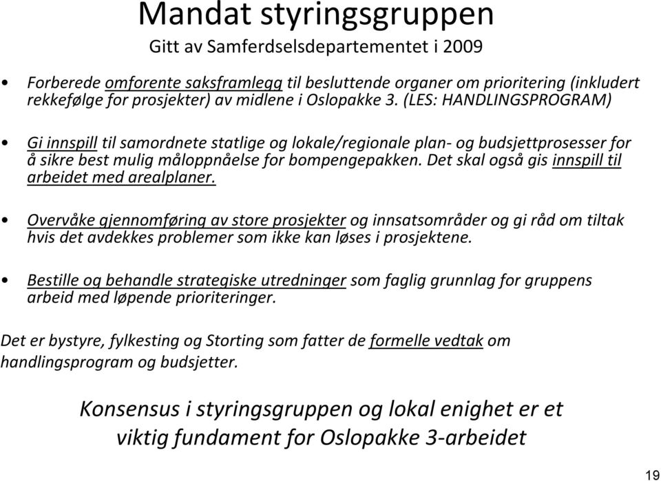 Det skal også gis innspill til arbeidet med arealplaner. Overvåke gjennomføring av store prosjekter og innsatsområder og gi råd om tiltak hvis det avdekkes problemer som ikke kan løses i prosjektene.