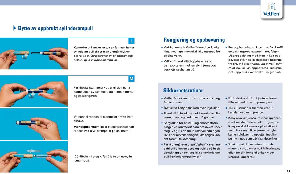 VetPen skal alltid oppbevares og transporteres med kanylen fjernet og beskytt elseshetten på. For oppbevaring av insulin og VetPen, se pakningsvedlegg som medfølger.