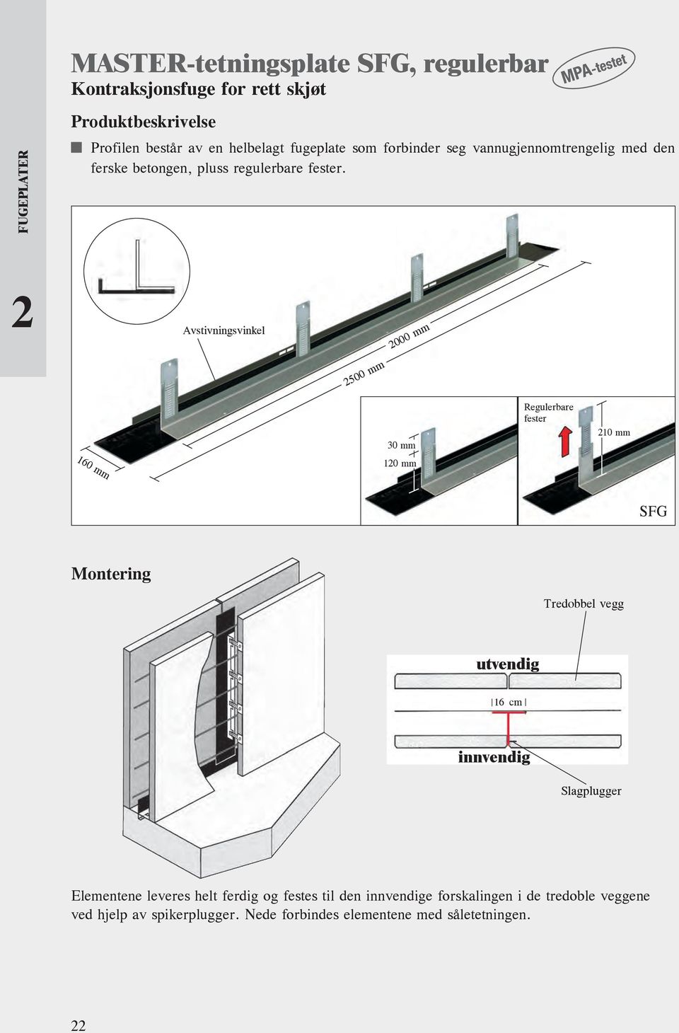 Avstivningsvinkel 500 mm 000 mm 160 mm 30 mm 10 mm Regulerbare fester 10 mm SFG Montering Tredobbel vegg utvendig 16 cm innvendig