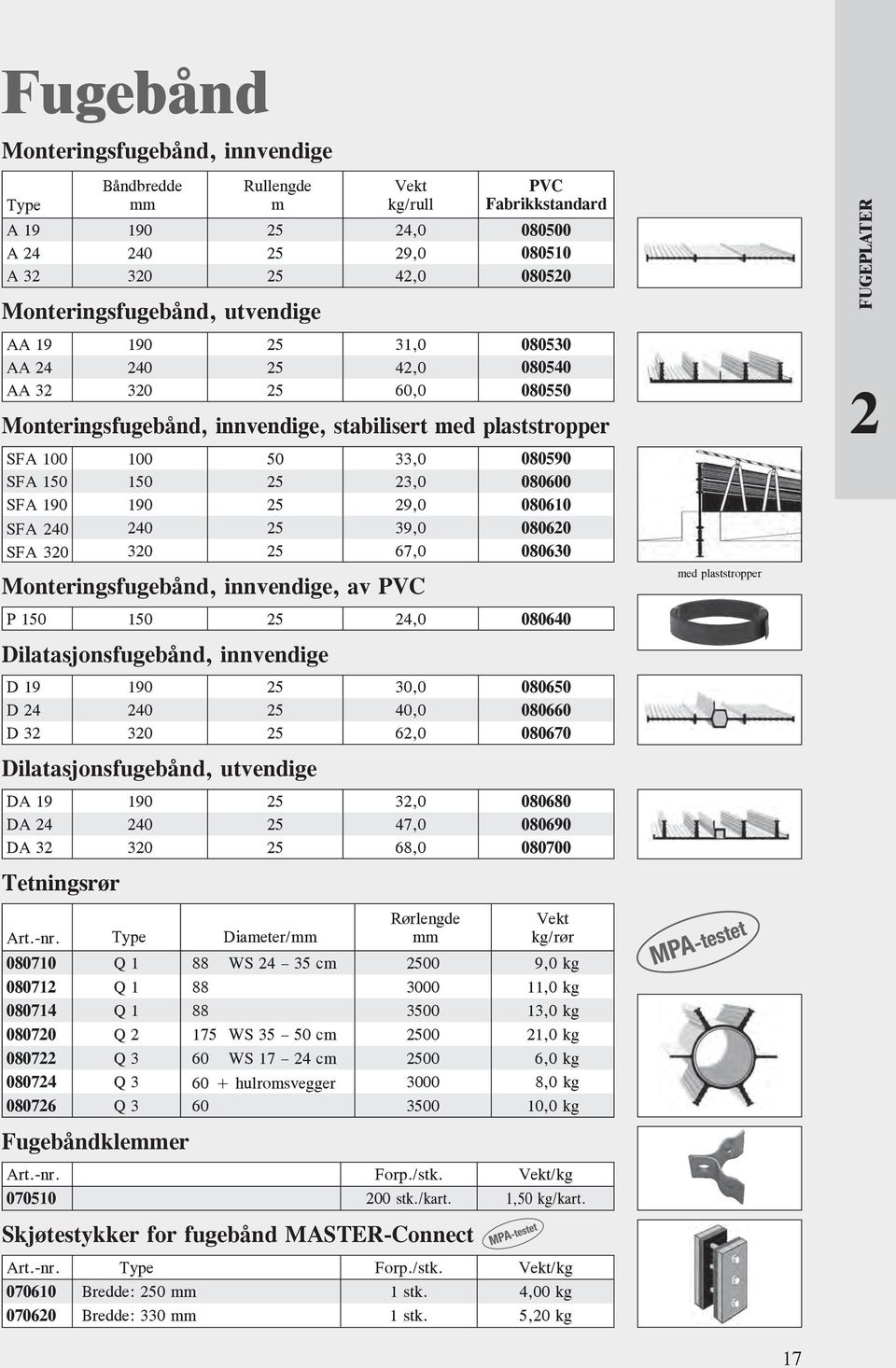 080610 SFA 40 40 5 39,0 08060 SFA 30 30 5 67,0 080630 Monteringsfugebånd, innvendige, av PVC P 150 150 5 4,0 080640 Dilatasjonsfugebånd, innvendige D 19 190 5 30,0 080650 D 4 40 5 40,0 080660 D 3 30