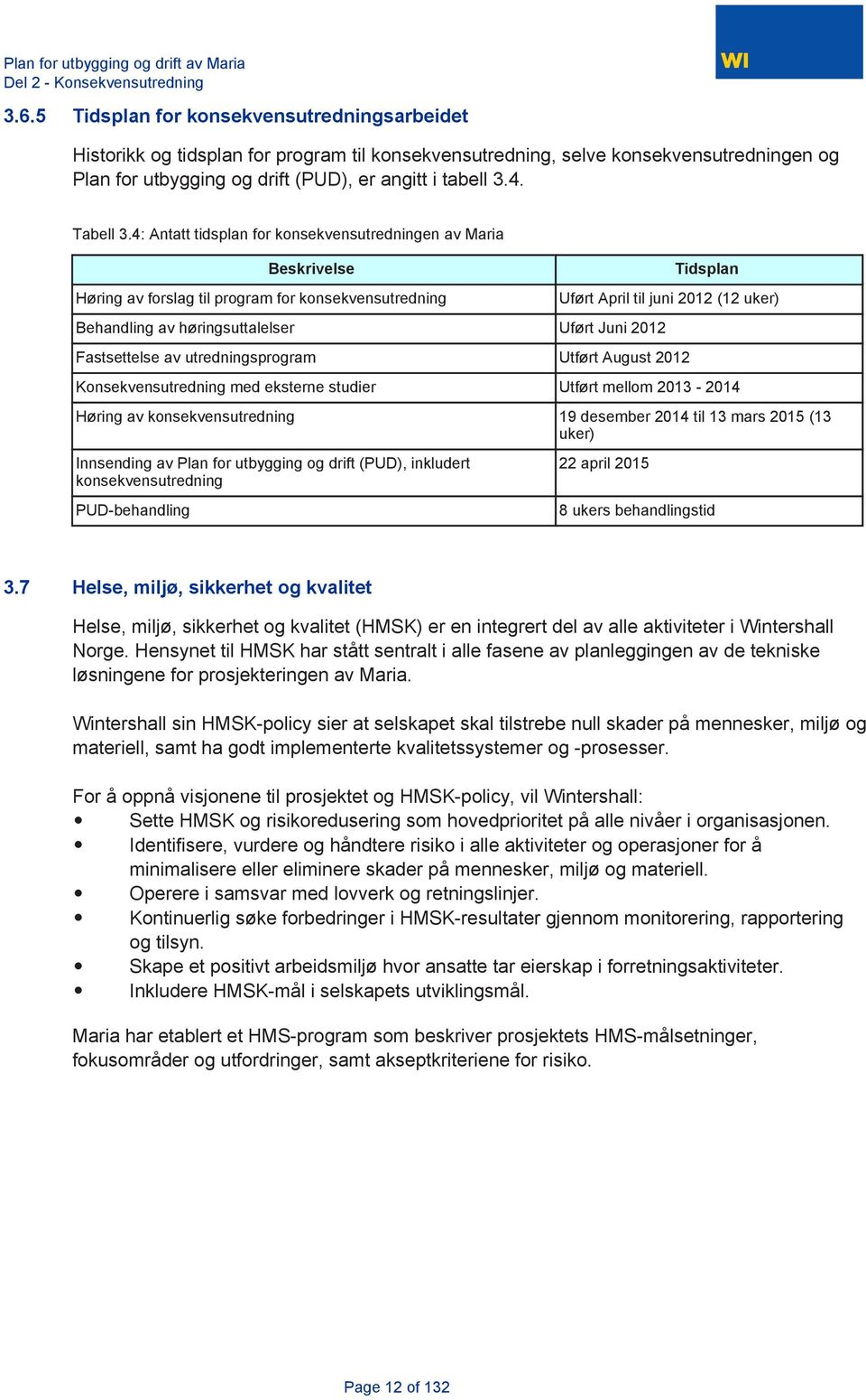 4: Antatt tidsplan for konsekvensutredningen av Maria Beskrivelse Høring av forslag til program for konsekvensutredning Behandling av høringsuttalelser Uført Juni 2012 Tidsplan Uført April til juni