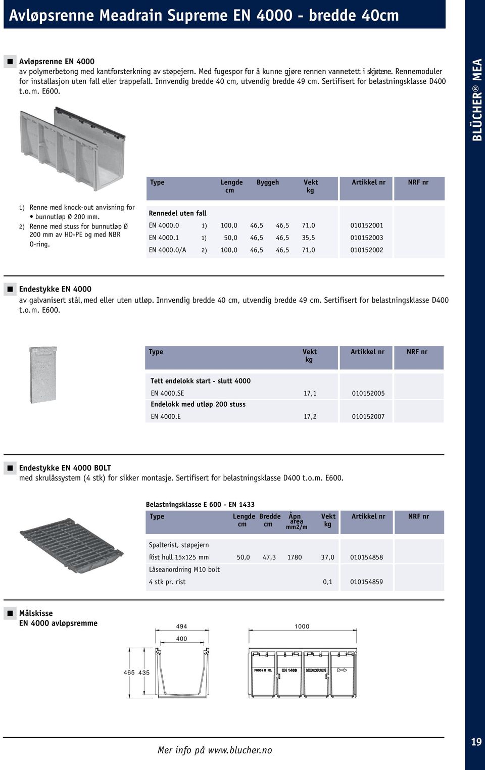 Type Lengde Byggeh Vekt Artikkel nr NRF nr cm 1) Renne med knock-out anvisning for bunnutløp Ø 200 mm. 2) Renne med stuss for bunnutløp Ø 200 mm av HD-PE og med NBR O-ring. Rennedel uten fall EN 4000.