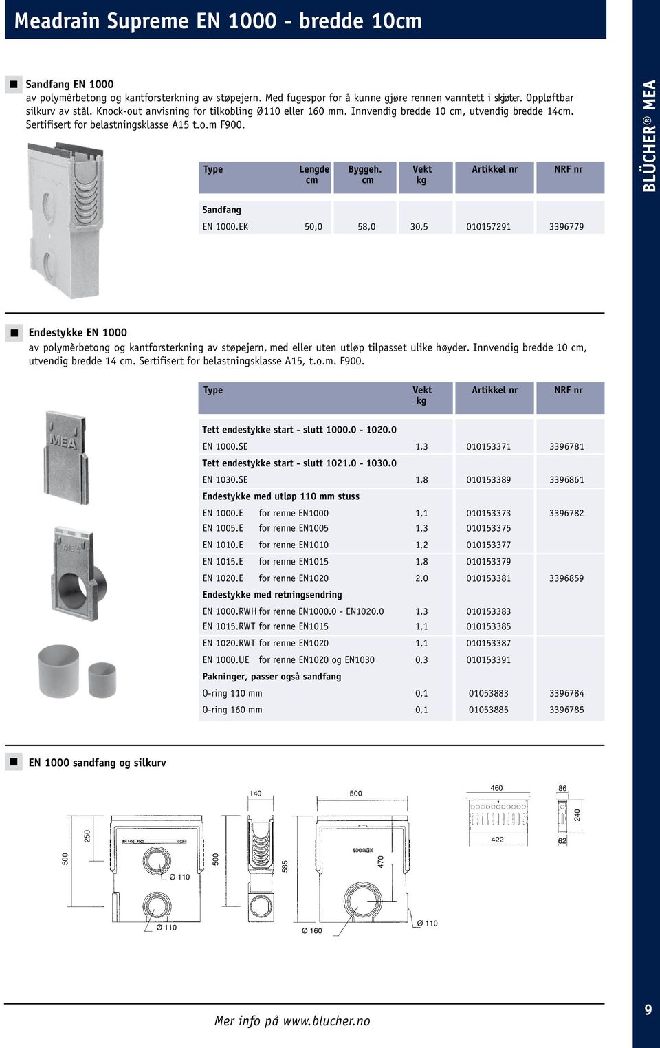 Vekt Artikkel nr NRF nr cm cm Sandfang EN 1000.EK 50,0 58,0 30,5 010157291 3396779 Endestykke EN 1000 av polymèrbetong og kantforsterkning av støpejern, med eller uten utløp tilpasset ulike høyder.