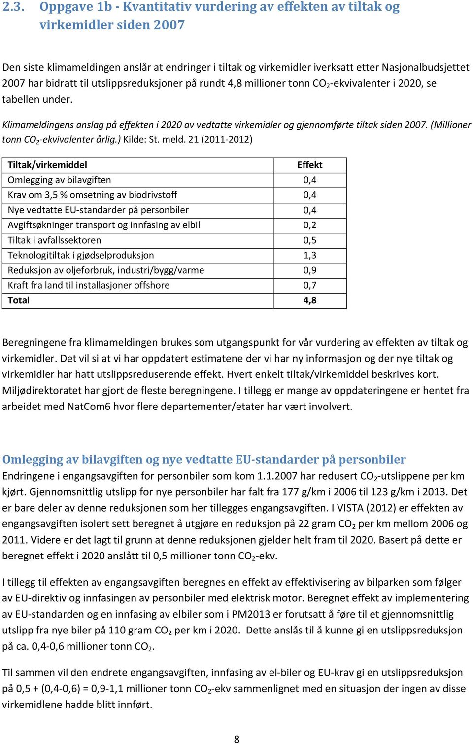 Klimameldingens anslag på effekten i 2020 av vedtatte virkemidler og gjennomførte tiltak siden 2007. (Millioner tonn CO 2 ekvivalenter årlig.) Kilde: St. meld.