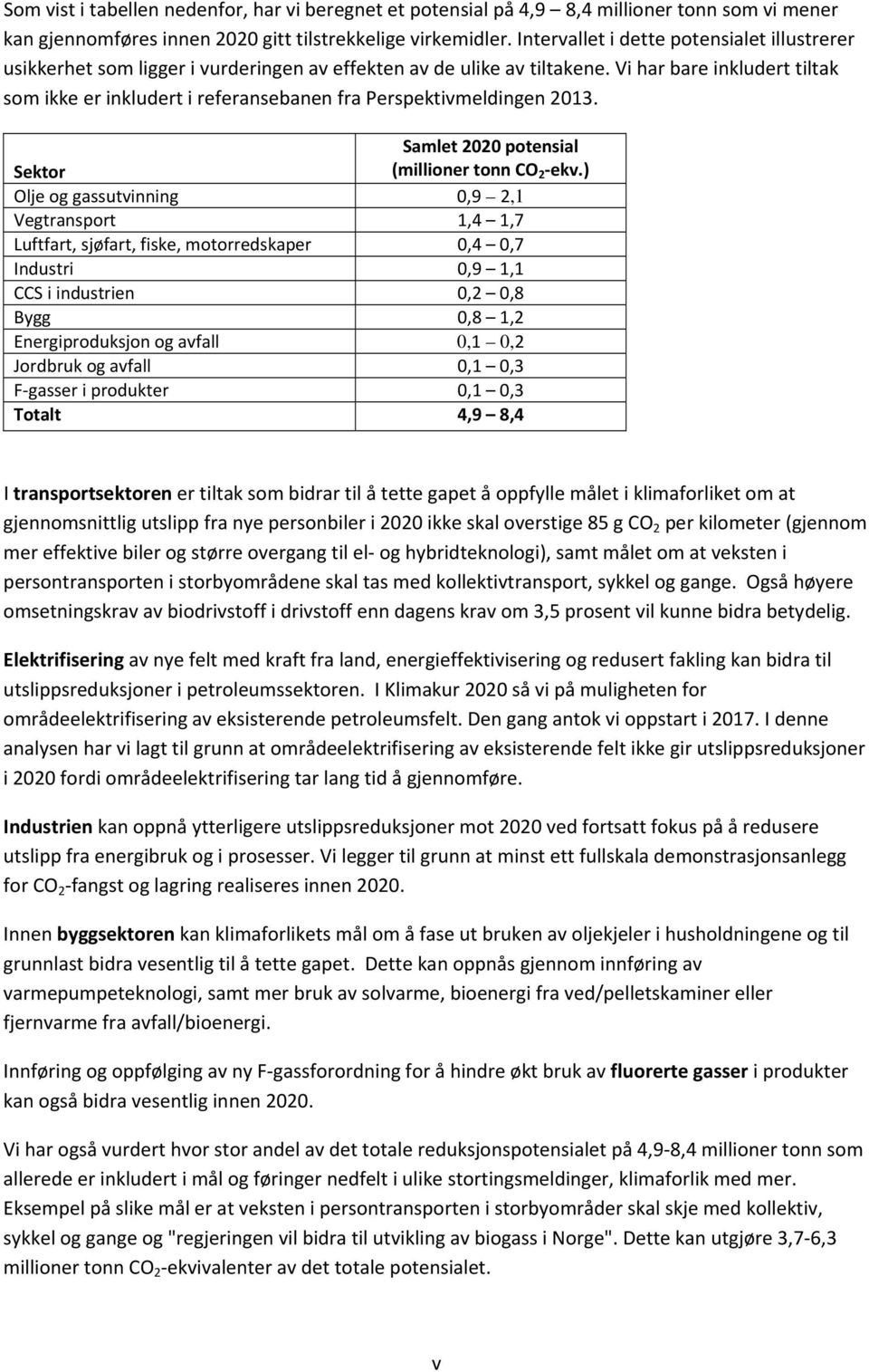 Vi har bare inkludert tiltak som ikke er inkludert i referansebanen fra Perspektivmeldingen 2013. Samlet 2020 potensial Sektor (millioner tonn CO 2 ekv.