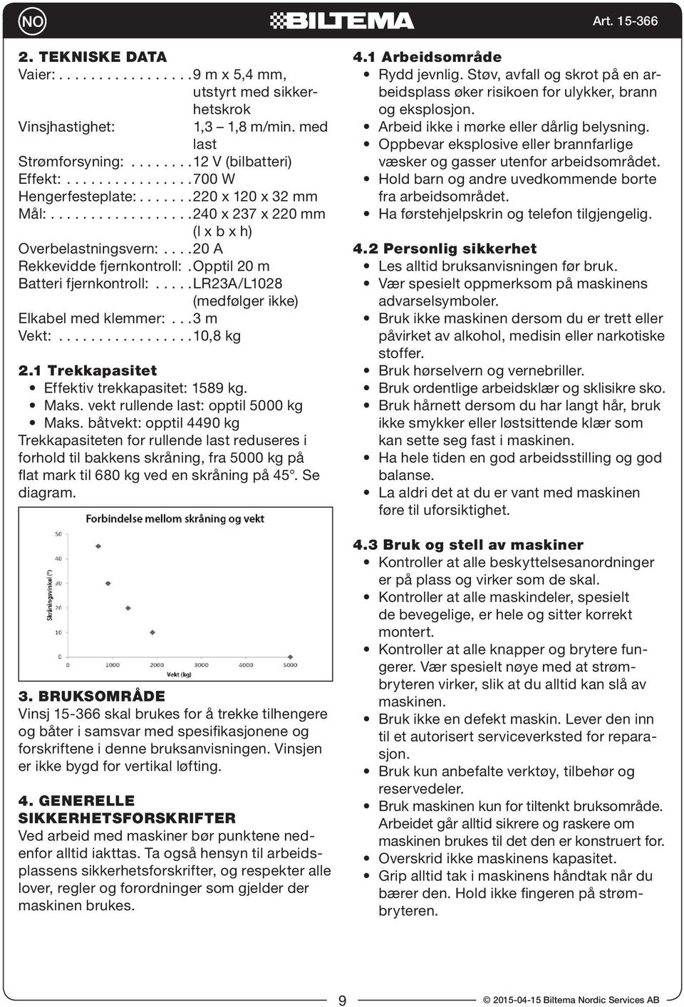 ..l R 2 3 A / L10 2 8 (medfølger ikke) Elkabel med klemmer:...3 m Vekt:...10,8 kg 2.1 Trekkapasitet Effektiv trekkapasitet: 1589 kg. Maks. vekt rullende last: opptil 5000 kg Maks.