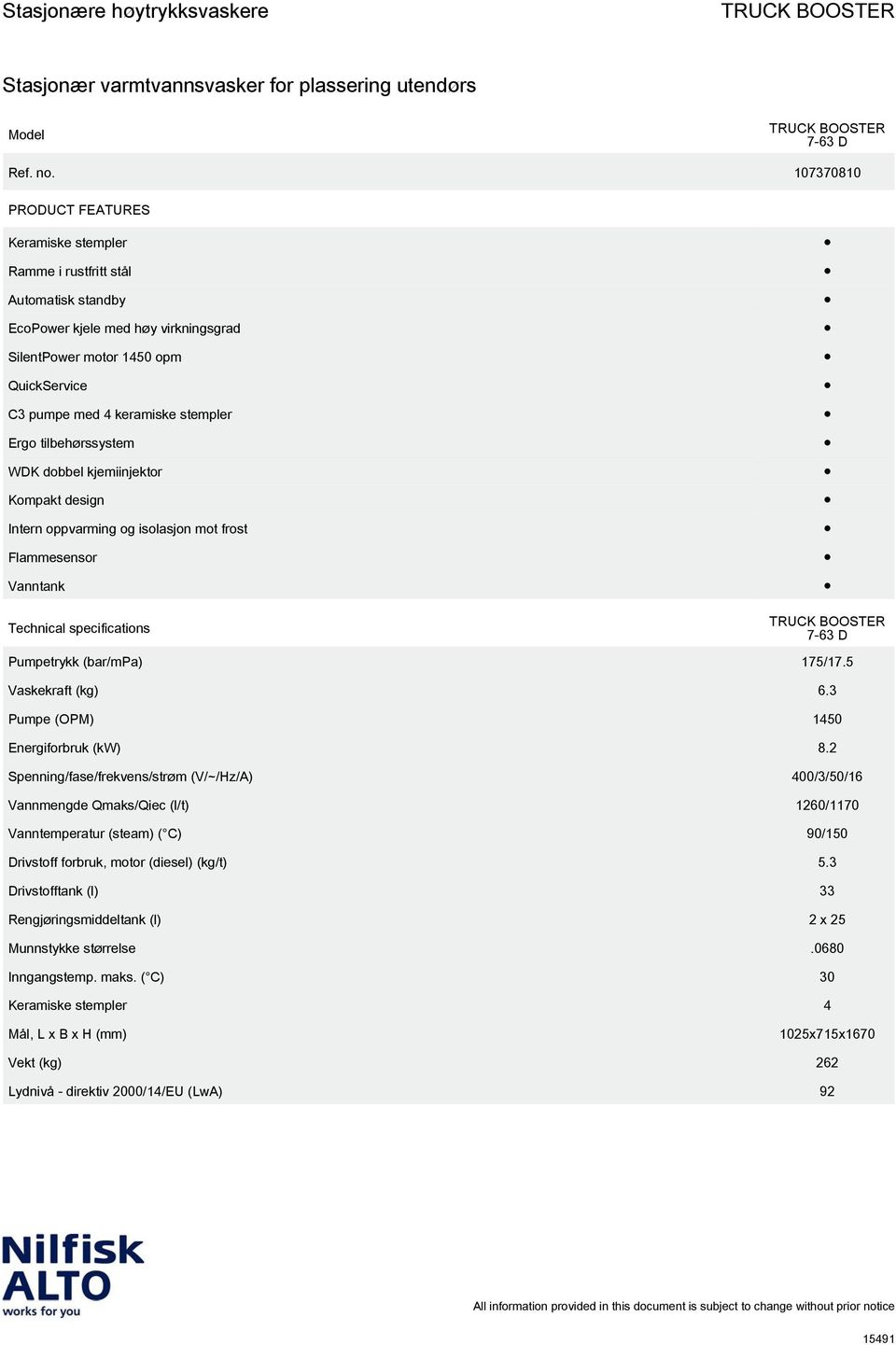 5 Vaskekraft (kg) 6.3 Pumpe (OPM) 1450 Energiforbruk (kw) 8.