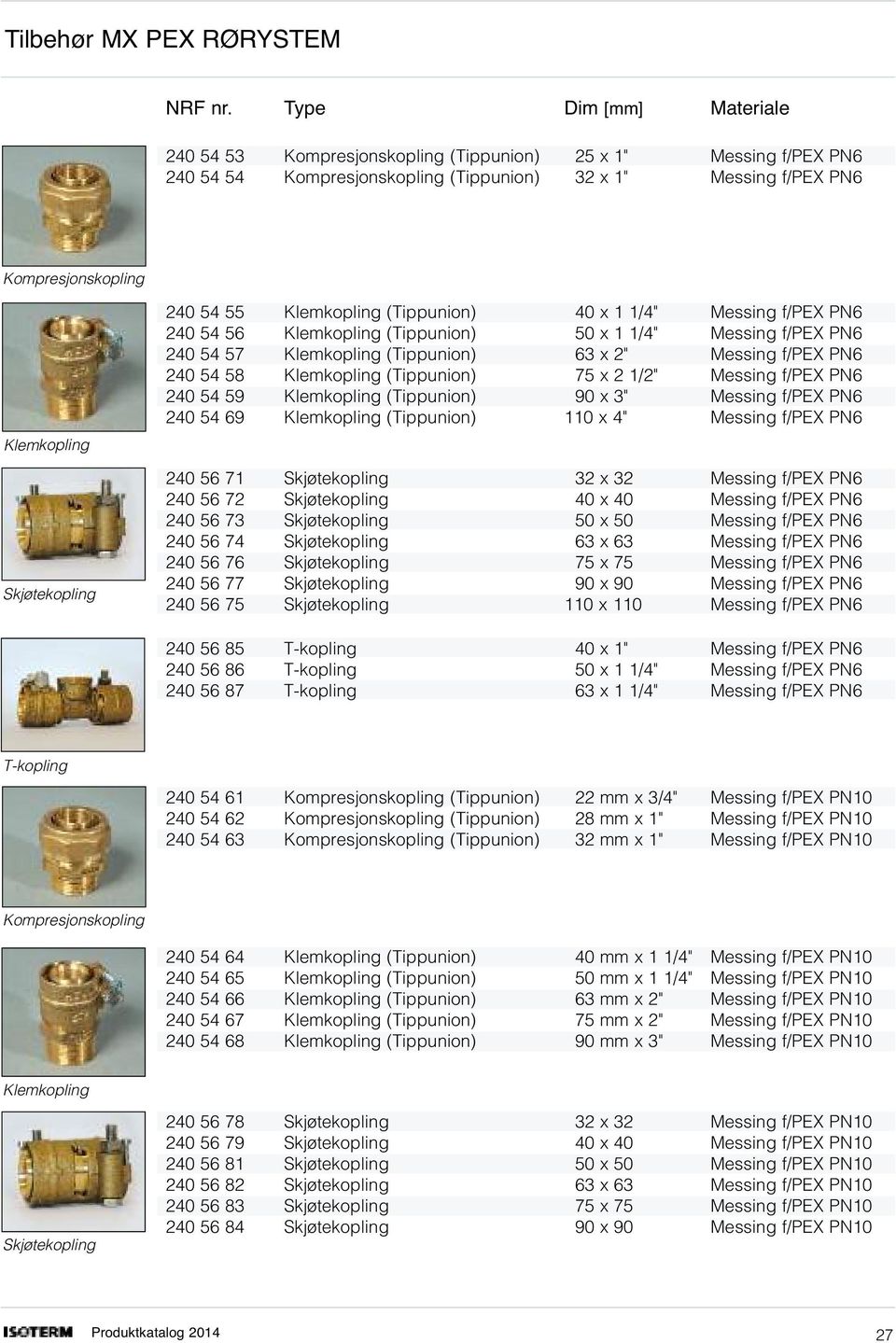 Skjøtekopling 240 54 55 Klemkopling (Tippunion) 40 x 1 1/4" Messing f/pex PN6 240 54 56 Klemkopling (Tippunion) 50 x 1 1/4" Messing f/pex PN6 240 54 57 Klemkopling (Tippunion) 63 x 2" Messing f/pex