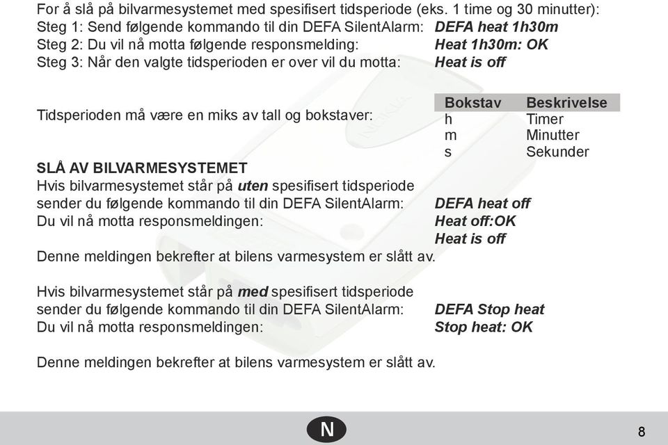 over vil du motta: Heat is off Bokstav Beskrivelse Tidsperioden må være en miks av tall og bokstaver: h Timer m Minutter s Sekunder SLÅ AV BILVARMESYSTEMET Hvis bilvarmesystemet står på uten