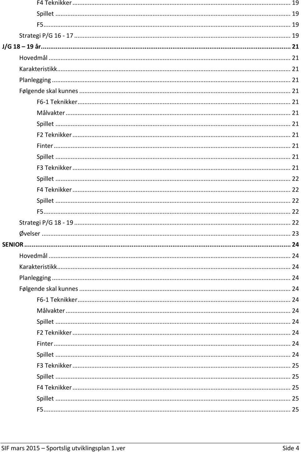 .. 22 Strategi P/G 18-19... 22 Øvelser... 23 SENIOR... 24 Hovedmål... 24 Karakteristikk... 24 Planlegging... 24 Følgende skal kunnes... 24 F6-1 Teknikker.