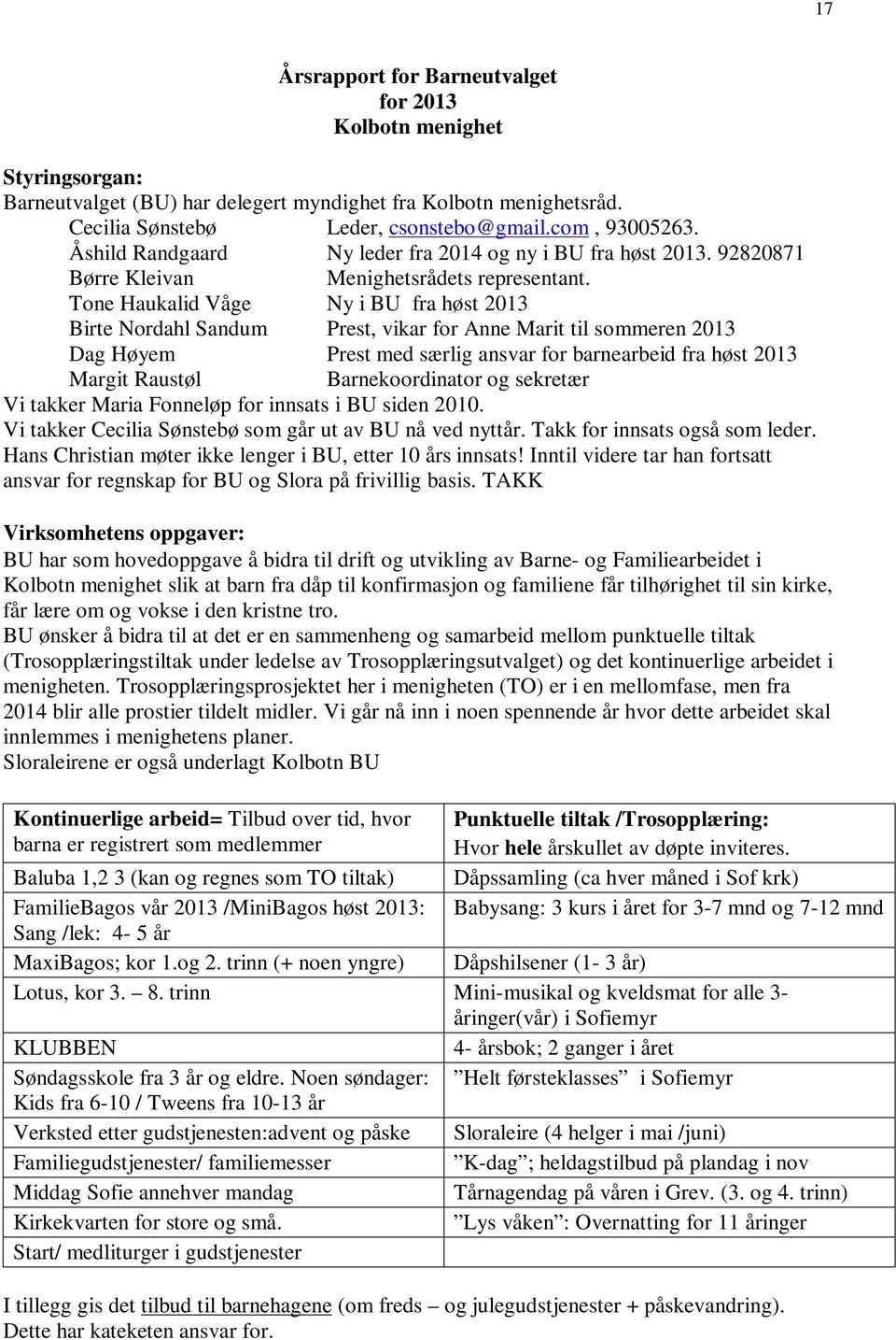 Tone Haukalid Våge Ny i BU fra høst 2013 Birte Nordahl Sandum Prest, vikar for Anne Marit til sommeren 2013 Dag Høyem Prest med særlig ansvar for barnearbeid fra høst 2013 Margit Raustøl