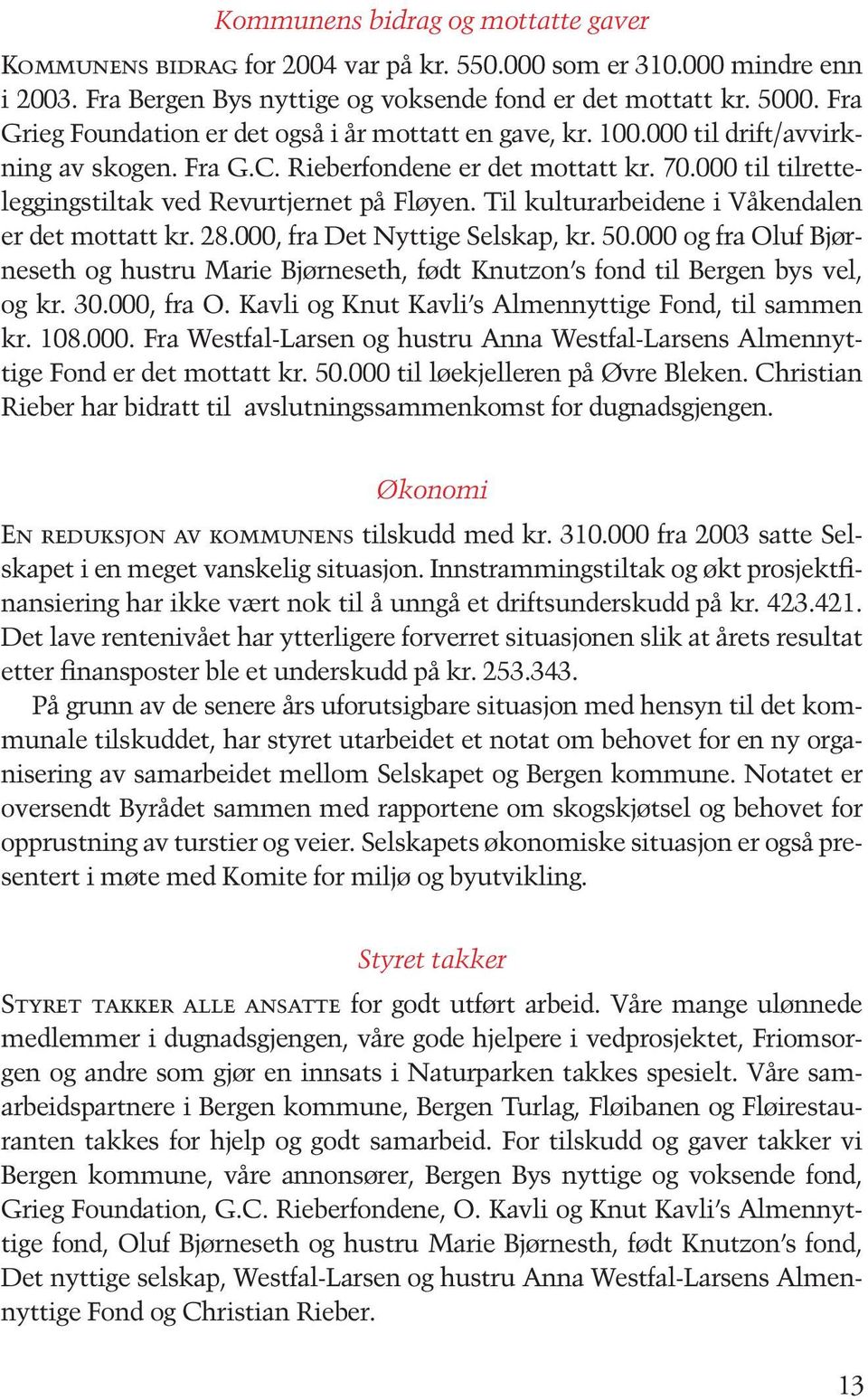 000 til tilretteleggingstiltak ved Revurtjernet på Fløyen. Til kulturarbeidene i Våkendalen er det mottatt kr. 28.000, fra Det Nyttige Selskap, kr. 50.