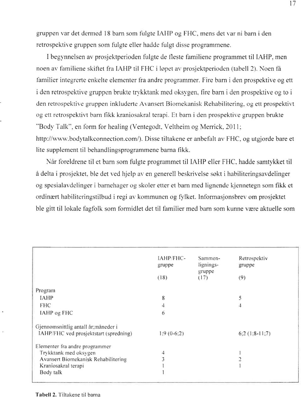 Noen få familier integrerte enkelte elementer fra andre programmer. Fire barn i den prospektive og ett i den retrospektive gruppen brukte trykktank med oksygen.