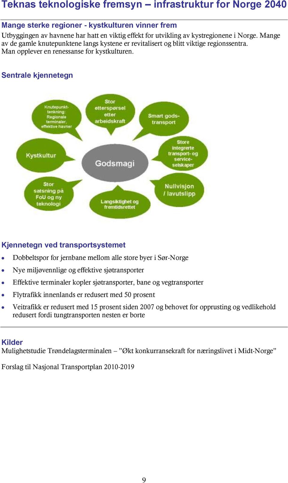 Sentrale kjennetegn Kjennetegn ved transportsystemet Dobbeltspor for jernbane mellom alle store byer i Sør-Norge Nye miljøvennlige og effektive sjøtransporter Effektive terminaler kopler