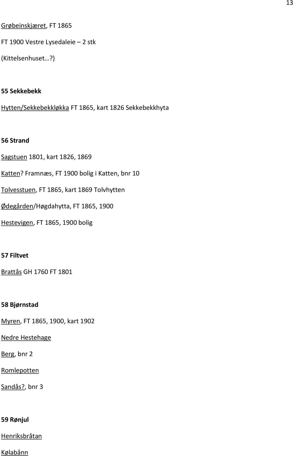 Framnæs, FT 1900 bolig i Katten, bnr 10 Tolvesstuen, FT 1865, kart 1869 Tolvhytten Ødegården/Høgdahytta, FT 1865, 1900