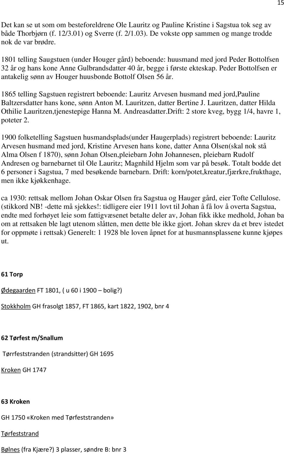 Peder Bottolfsen er antakelig sønn av Houger huusbonde Bottolf Olsen 56 år. 1865 telling Sagstuen registrert beboende: Lauritz Arvesen husmand med jord,pauline Baltzersdatter hans kone, sønn Anton M.