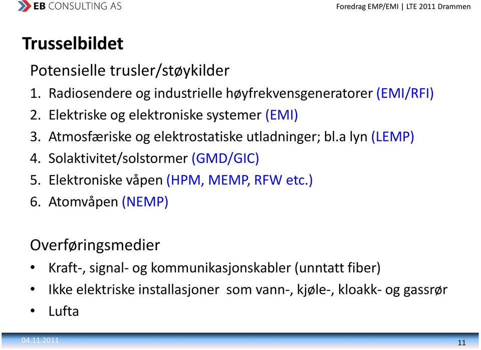 Solaktivitet/solstormer (GMD/GIC) 5. Elektroniske våpen (HPM, MEMP, RFW etc.) 6.