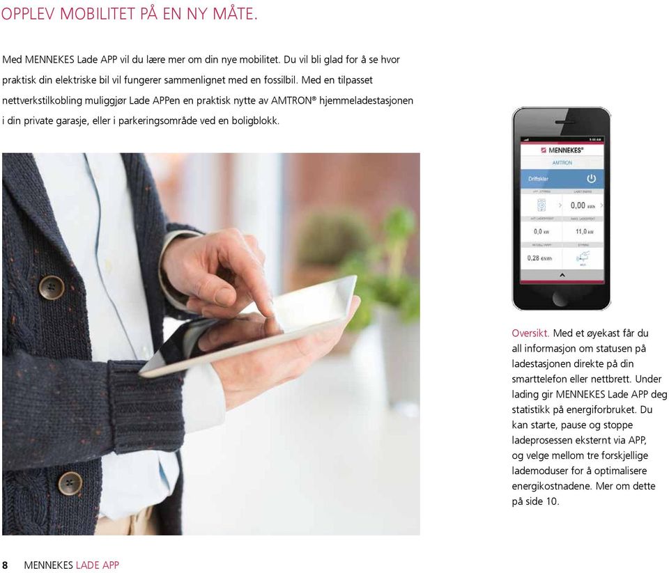 Med en tilpasset nettverkstilkobling muliggjør Lade APPen en praktisk nytte av AMTRON hjemmeladestasjonen i din private garasje, eller i parkeringsområde ved en boligblokk. Oversikt.