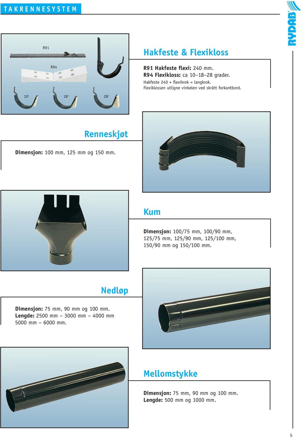 10 o 18 o 28 o Renneskjøt Kum Dimensjon: 100/75 mm, 100/90 mm, 125/75 mm, 125/90 mm, 125/100 mm,