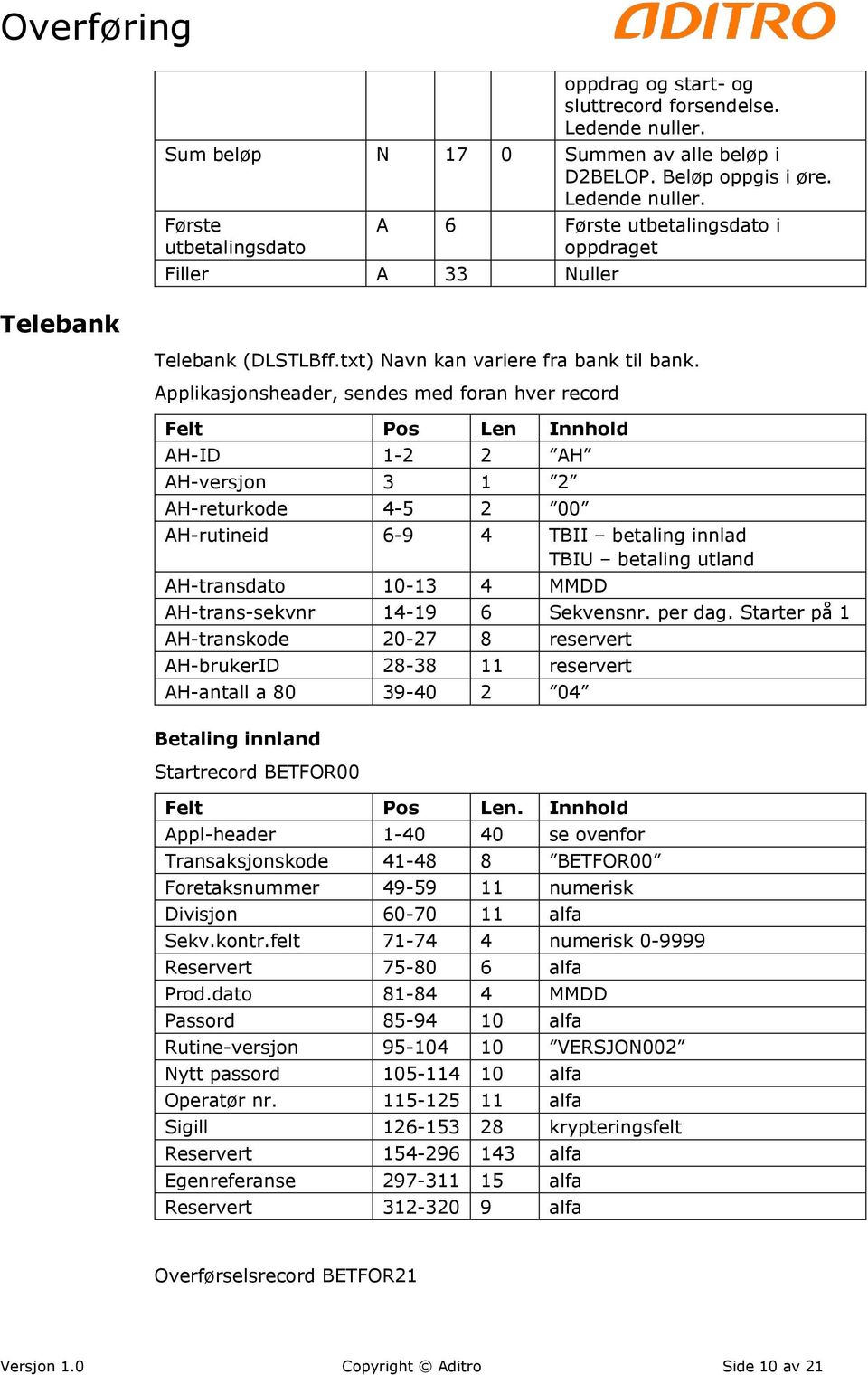 Applikasjonsheader, sendes med foran hver record Felt Pos Len Innhold AH-ID 1-2 2 AH AH-versjon 3 1 2 AH-returkode 4-5 2 00 AH-rutineid 6-9 4 TBII betaling innlad TBIU betaling utland AH-transdato