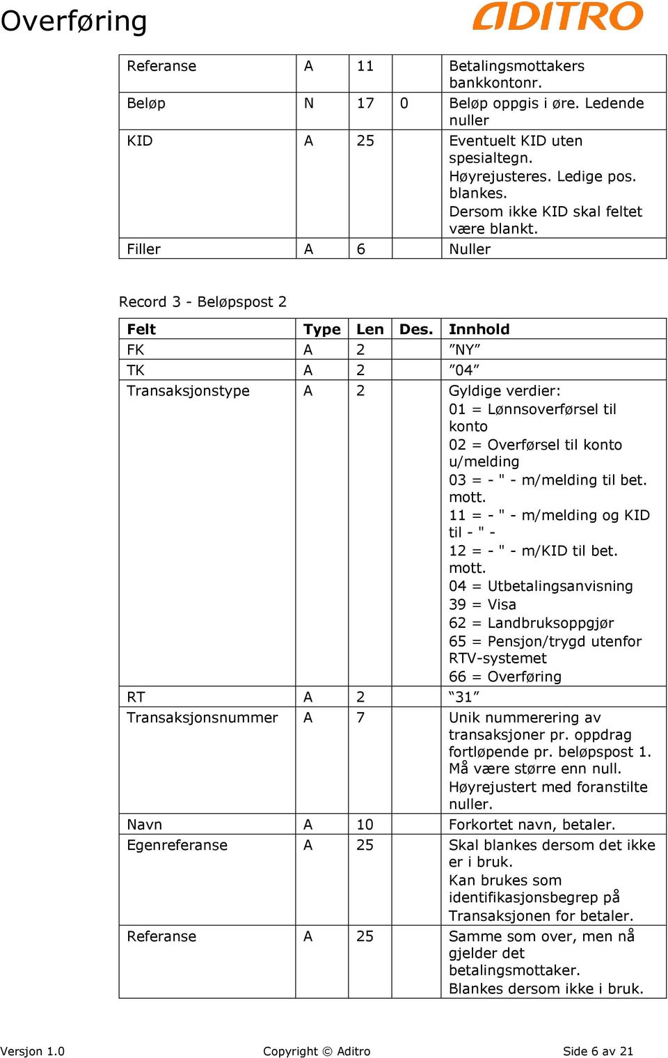 Innhold FK A 2 NY TK A 2 04 Transaksjonstype A 2 Gyldige verdier: 01 = Lønnsoverførsel til konto 02 = Overførsel til konto u/melding 03 = - " - m/melding til bet. mott.