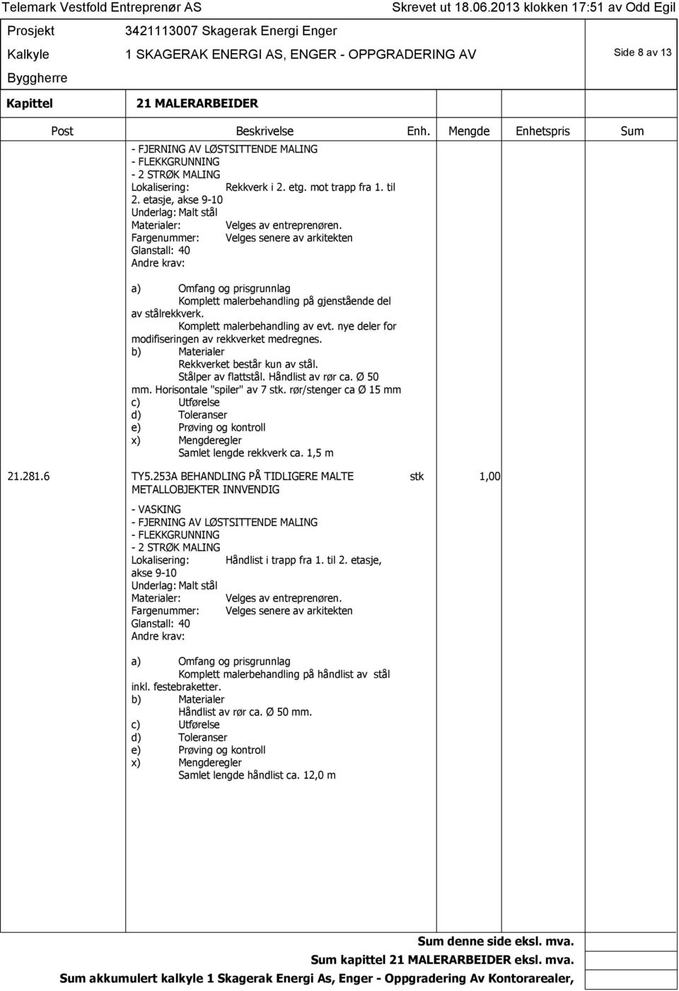 Horisontale "spiler" av 7 stk. rør/stenger ca Ø 15 mm Samlet lengde rekkverk ca. 1,5 m 21.281.6 TY5.