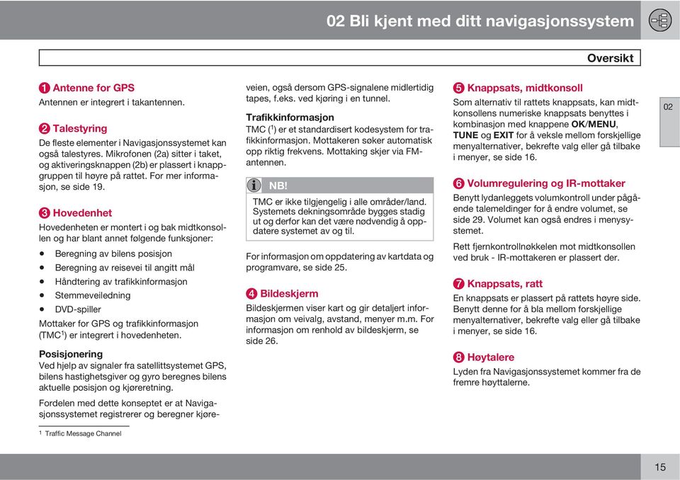 Hovedenhet Hovedenheten er montert i og bak midtkonsollen og har blant annet følgende funksjoner: Beregning av bilens posisjon Beregning av reisevei til angitt mål Håndtering av trafikkinformasjon