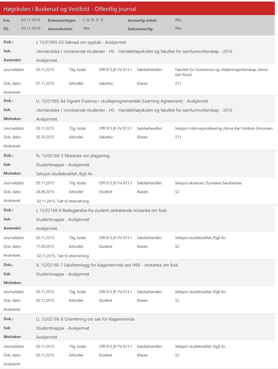 Simonsen Dok. dato: 30.10.2015 Arkivdel: Sakarkiv 511 N, 15/02168-5 Mistanke om plagiering Studentmappe - Dok. dato: 24.06.2015 Arkivdel: Student 02.11.2015, Tatt til etterretning I, 15/02168-6 Redegjørelse fra student vedrørende mistanke om fusk Studentmappe - Dok.
