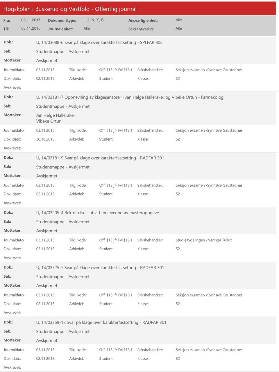 2015 Arkivdel: Student, 14/03181-9 Svar på klage over karakterfastsetting - RADFAR 301 Studentmappe -, 14/03205-4 Bekreftelse - utsatt innlevering av