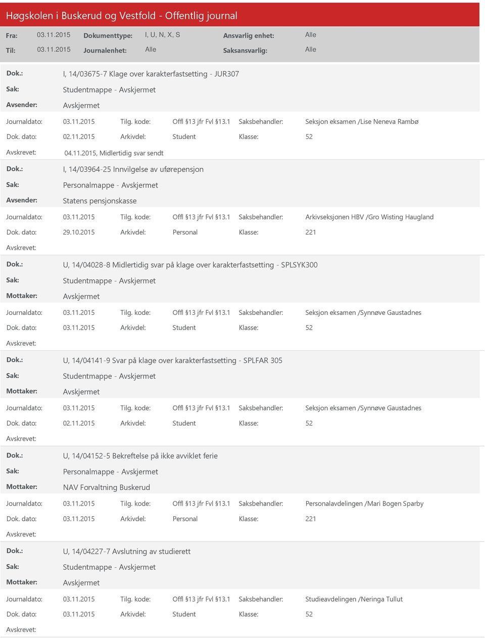 2015 Arkivdel: Personal, 14/04028-8 Midlertidig svar på klage over karakterfastsetting - SPLSYK300 Studentmappe - Dok.