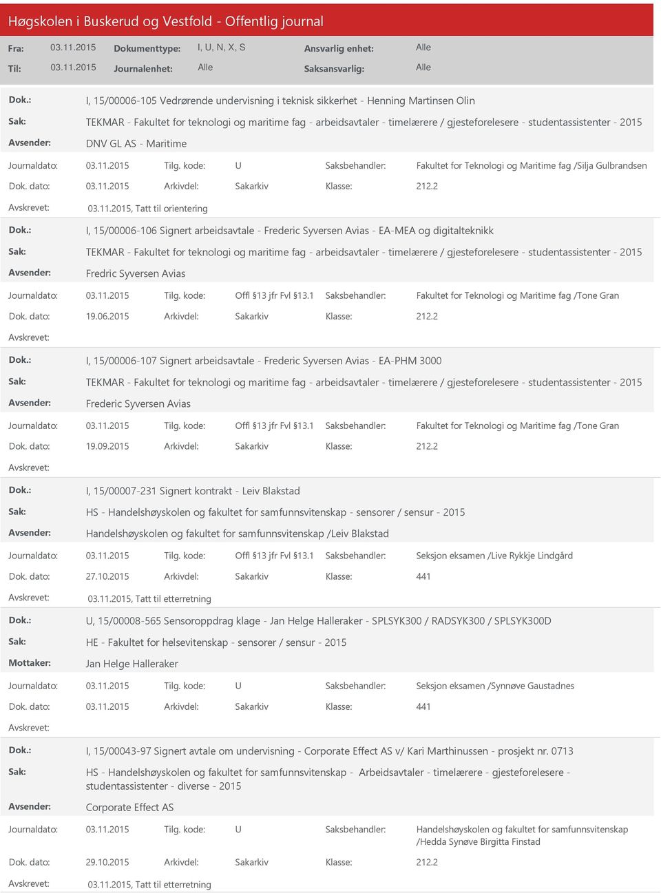 dato: Arkivdel: Sakarkiv, Tatt til orientering I, 15/00006-106 Signert arbeidsavtale - Frederic Syversen Avias - EA-MEA og digitalteknikk TEKMAR - Fakultet for teknologi og maritime fag -