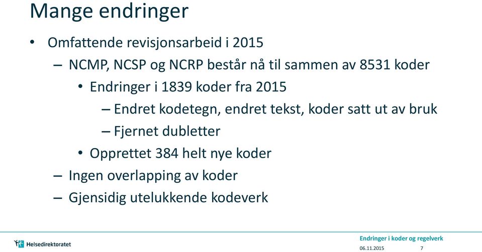 kodetegn, endret tekst, koder satt ut av bruk Fjernet dubletter Opprettet