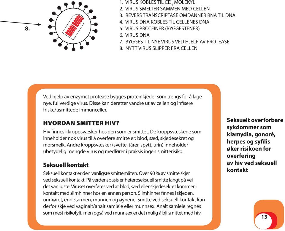 Disse kan deretter vandre ut av cellen og infisere friske/usmittede immunceller. HVORDAN SMITTER HIV? Hiv finnes i kroppsvæsker hos den som er smittet.