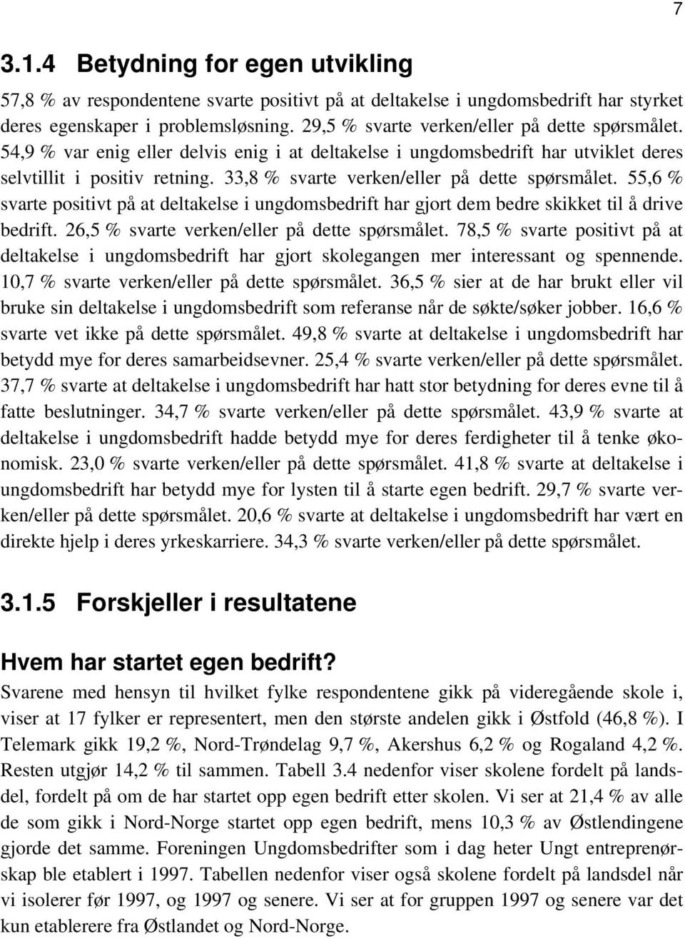 33,8 % svarte verken/eller på dette spørsmålet. 55,6 % svarte positivt på at deltakelse i ungdomsbedrift har gjort dem bedre skikket til å drive bedrift.