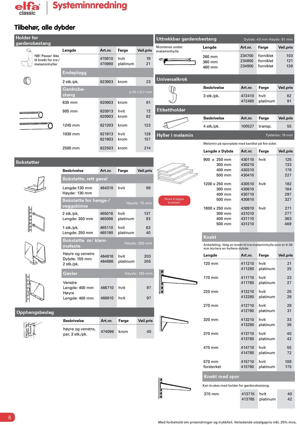 Monteres under melaminhylle Universalkrok Etikettholder Hyller i melamin Dybde: 43 mm Høyde: 6 mm 260 mm 360 mm 460 mm 234700 234800 234900 forniklet forniklet forniklet 03 2 39 3 stk./pk.